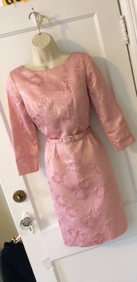 Pink Vintage Belted Brocade Dress - Pink/Gold Flo… - image 1