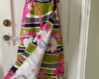 1970s Vintage Floral Maxi Skirt: Lesley Fay Pink Green Cotton Wrap Skirt