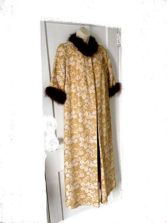 Mustard/Gold 1960’s Feather Trimmed Maxi Coat: 3/4 Sleeve Floral Embossed Metallic Jacquard/Brocade Vintage Long Maxi Swing/Opera Coat