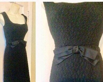 Black Puckered Silk Vintage LBD Shift Dress - Puckered Silk-blend Bow-Detail 1960’s Vintage Little Black Dress by LAURENCE GROSS