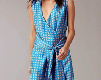 DVF Mura-Tile Tie-Front Silk Blue Dress - Blue Sleeveless Tie-Front Mura-Tile Print Tie Front Silk Sleeveless Dress by DIANE Von FURSTENBERG