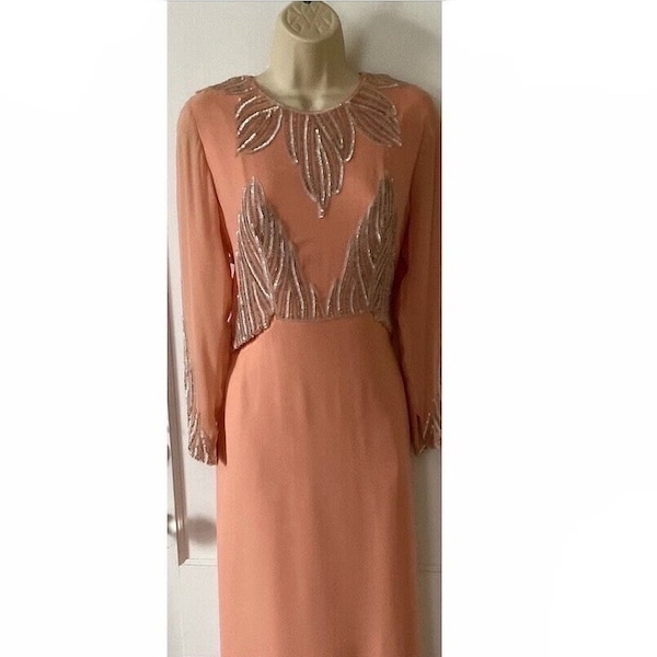 I.MAGNIN Beaded Silk Maxi Dress - Long Peach Colored Beaded/Sequins-Trim Long Sleeve 1960’s Vintage I.Magnin & Co. Silk Chiffon Maxi Dress