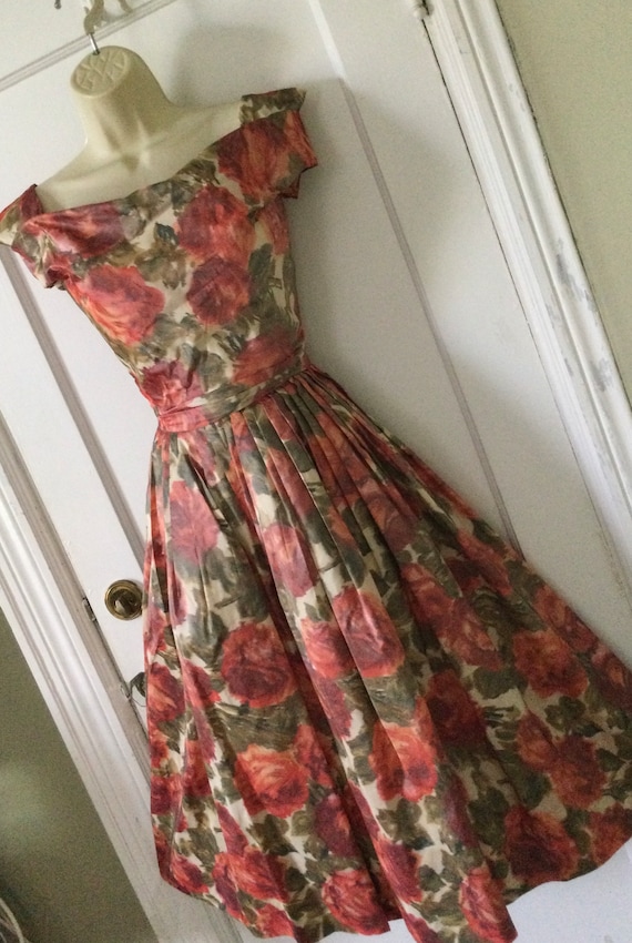 HELGA Rust/Olive Floral 1950’s Fit-and-Flare Dres… - image 4
