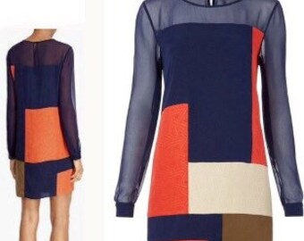 DVF RAEGAN Shift Dress - Navy-Blue Silk Patch-Work/Color-Block Long-Sleeve RAEGAN Shift Dress by Diane Von Furstenberg