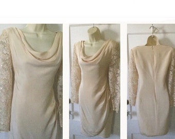 SAKS FIFTH AVENUE Vintage Dress - Ivory Long Sleeve Cowl Neck Sequins Silk/Lace 1990’s Vintage Saks Fifth Avenue Dress