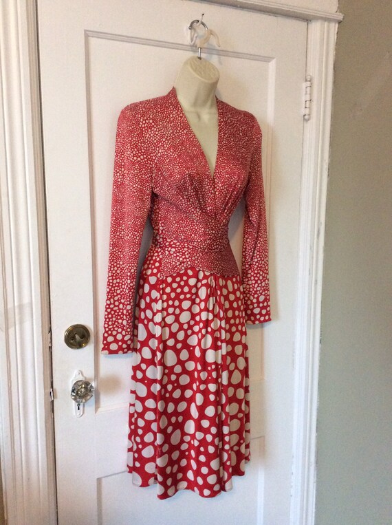 ISSA London Dress - Red/Ivory Waist Tie-Detail Dot-Pr… - Gem