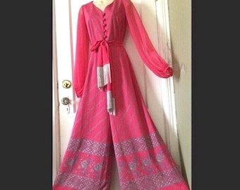 ALFRED SHAHEEN Pink 1970’s Vintage Wide Leg Jumpsuit - Pink/Silver Long Sleeve 1970’s Vintage Wide Leg Alfred Shaheen Belted Jumpsuit