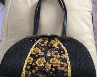 Black Vintage PAT VINI Bag - Black Floral Embossed Silk/Leather Trim 1960’s Vintage Top Handle Bag by Pat Vini