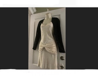 Angelo Tarlazzi Crystals Encrusted Dress - Ivory/Black Iridescent Crystals Colorblock Knit Draped 1990’s Vintage Dress by ANGELO TARLAZZI