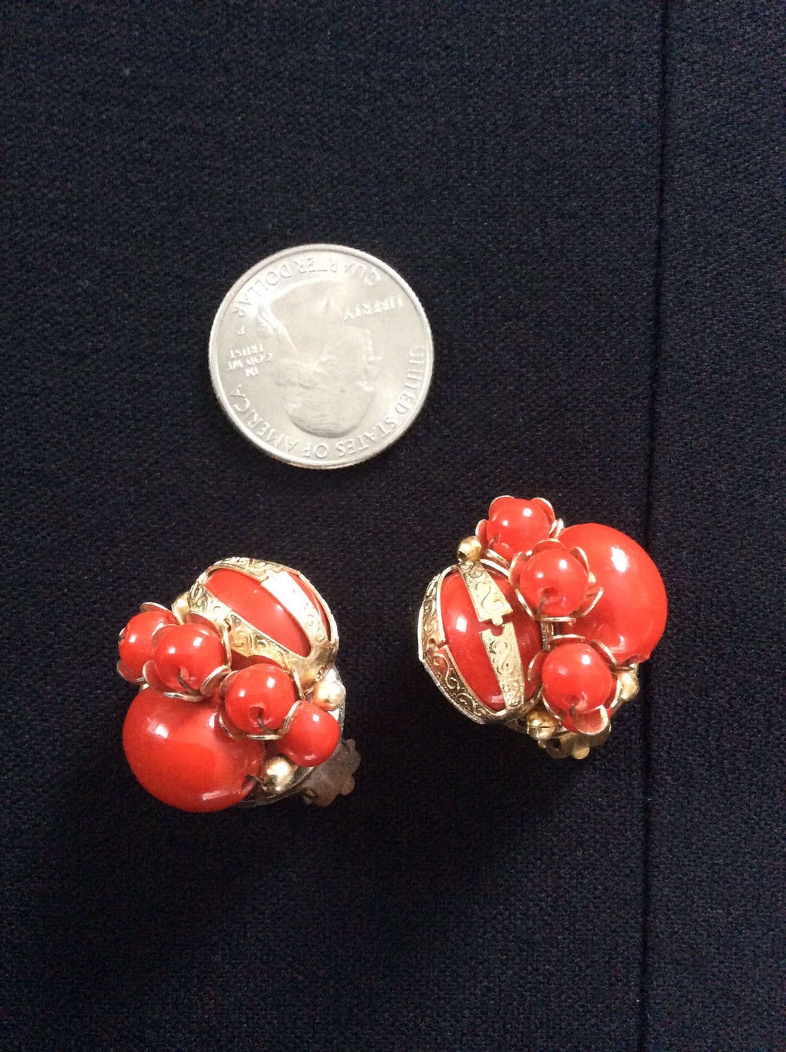 Vintage 1950s Hong Kong Clipon Earrings Red Beadadorned With Gold