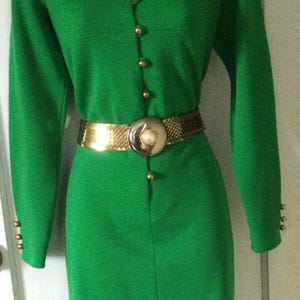 Bobbie Brooks Vintage Wool Dress - Green Double Knit Virgin Wool Long-Sleeve Gold Buttoned 1960’s Vintage MOD Dress by BOBBIE BROOkS