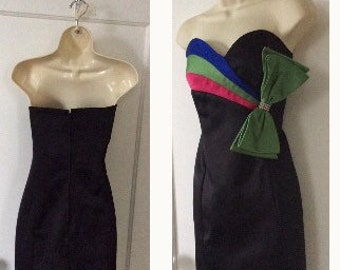 Leslie Fay Vintage Strapless Dress - Dead-Stock Never Worn Black/Green/Pink Bow-Trim 1980’s Vintage Strapless Cocktail LESLIE FAY Dress