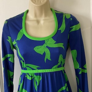 Blue/Green Bow-Print Long Sleeve Poly Knit 1970’s Vintage Maxi Dress by KERAM New York