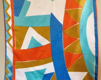 1970’s Vintage Geometric Shapes Print Square VERA Scarf:  Blue/Orange Triangles Patterns Square Scarf by Vera Neumann