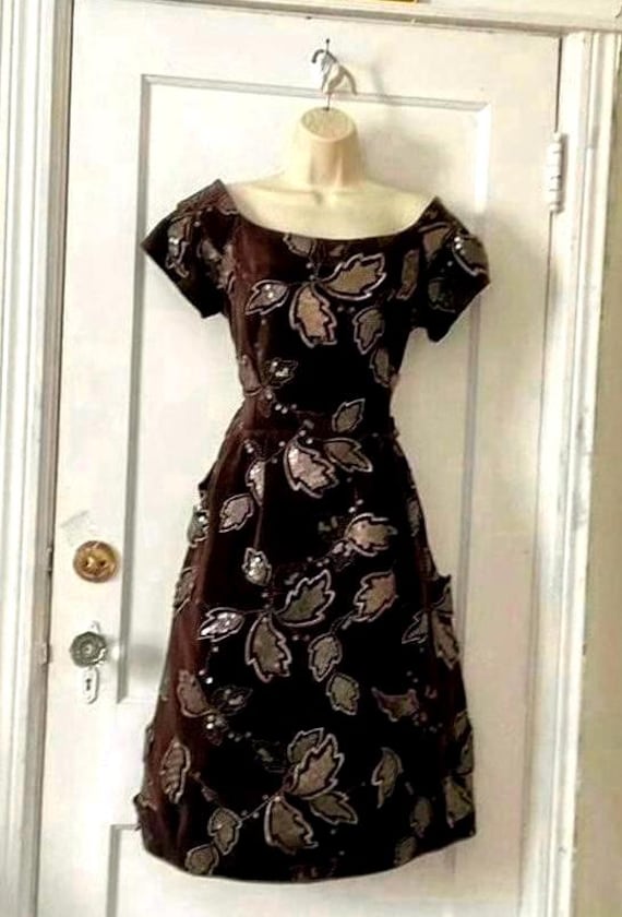 Scaasi Boutique Vintage Brown Dress - Brown Leaf Appliqu/sequins Trimmed  Cap Sleeve 1980's Vintage Midi Dress by SCAASI Boutique for MARTHA - Etsy