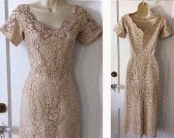 Antique Lace Vintage Beaded Dress - Khaki Colored Antique Lace Short Sleeve 1960s Vintage Beaded Sequined Sheath Dress