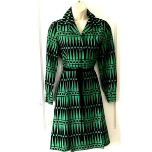 Abstract Print 1990’s Vintage Backgammon Print Shirt Dress - Green/Blue Long Sleeve Backgammon Game Print Silk Handmade Shirt Dress
