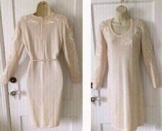 st john evening by marie gray dress 1980s St John Evening Long Black Knit Formal Dress with Gold Sequin Design