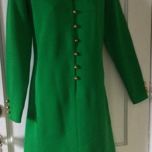 Bobbie Brooks Vintage Wool Dress Kelly-Green Double Knit Virgin Wool Long-Sleeve Gold Buttoned 1960s Vintage Shift Dress by BOBBIE BROOkS image 2