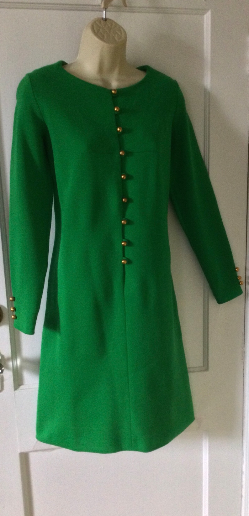 Bobbie Brooks Vintage Wool Dress Kelly-Green Double Knit Virgin Wool Long-Sleeve Gold Buttoned 1960s Vintage Shift Dress by BOBBIE BROOkS image 2