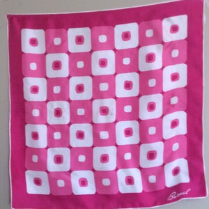 Pink Vintage BURMEL Scarf - Pink/White Geometric-Shapes/Square-Print Silk 1970’s Vintage Scarf by BURMEL - Made in Japan
