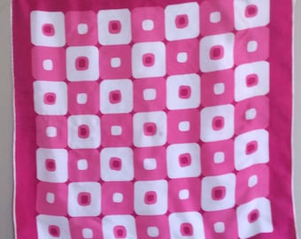 Pink Vintage BURMEL Scarf - Pink/White Geometric-Shapes/Square-Print Silk 1970’s Vintage Scarf by BURMEL - Made in Japan