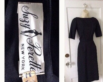 Suzy Perette Vintage Dress - Black 3/4-Sleeve 1950’s Vintage Silk Wiggle Sheath Dress by SUZY PERETTE New York - Size 2 to Size 4