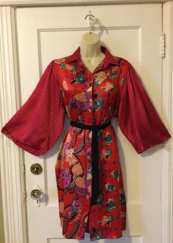 Red Silk DIANE FREIS Shirt Dress - RED Dot/Floral… - image 5