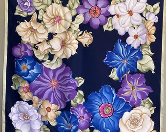 Vintage Floral Silk Twill Scarf | 1980s Italian Silk Square Botanical Wreath
