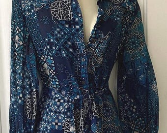 1970’s Abstract Print Vintage ROBERT DAVID MORTON Shirt Dress - Blue Belted Silk 1970’s Long Sleeve Robert David Morton Shirt Dress Size-10