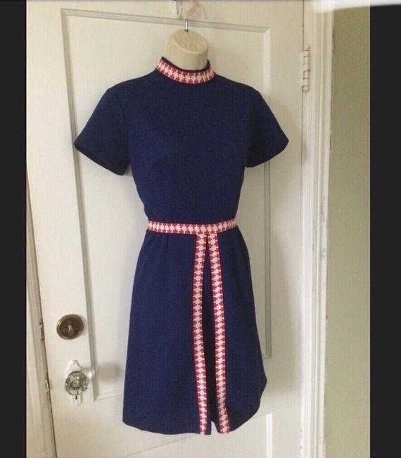 Navy-Blue Short Sleeve 1960’s Vintage Mod Dress -… - image 1