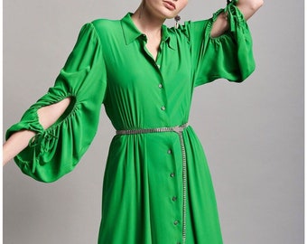 Green Silk Beatrice b. Dress - NWOT Green Silk Gathered/Drawstring Back/Sleeve Cutout Midi Chemisier Shirt-Dress by Beatrice b.