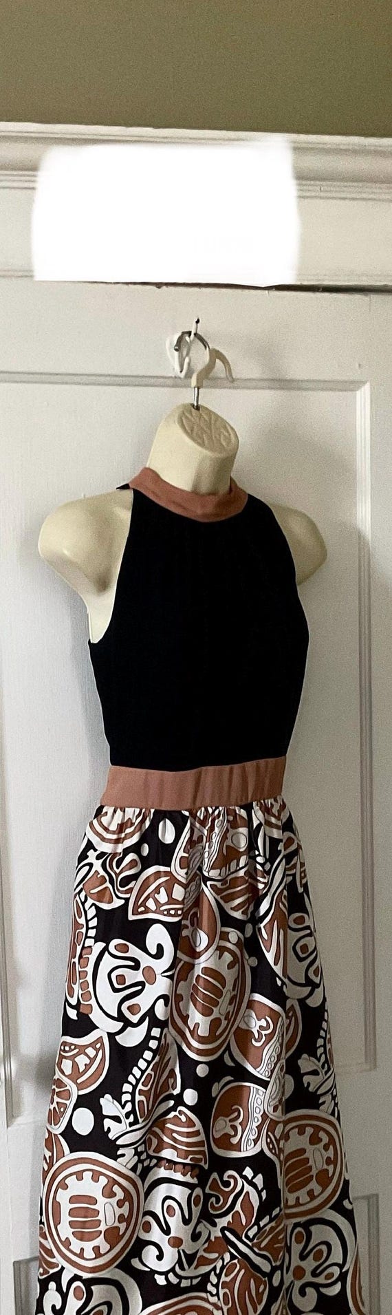 1960's Vintage Brown/Black Tribal Print Maxi Romper Dress - Brown/Black Sleeveless 1960's Mod Maxi Romper PLYMOUTH Dress Set with Shorts
