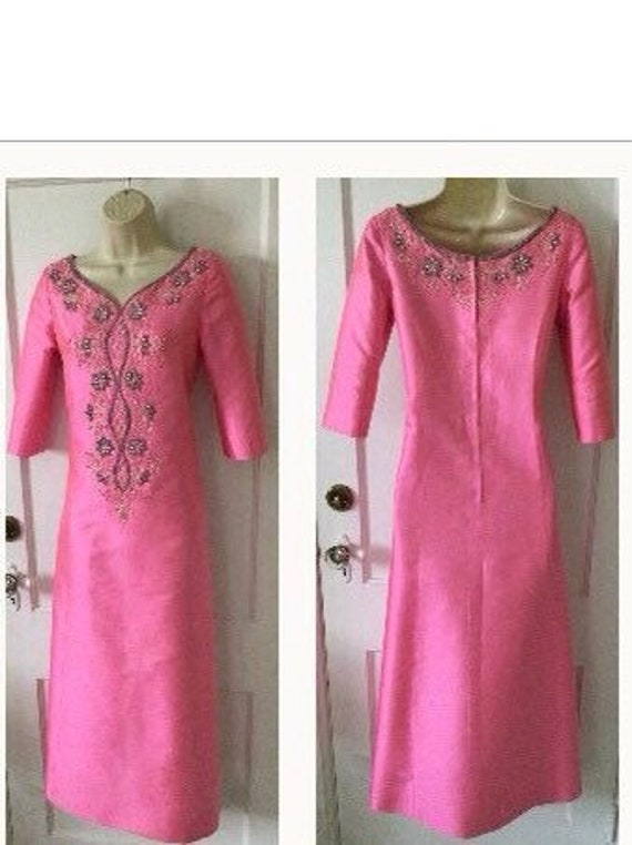 Pink Silk Beaded 1960’s Maxi Dress - Candy- Pink … - image 1