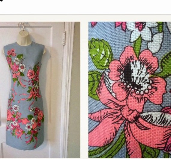 Grey Floral 1960’s Vintage Shift Dress - Grey/Pin… - image 1