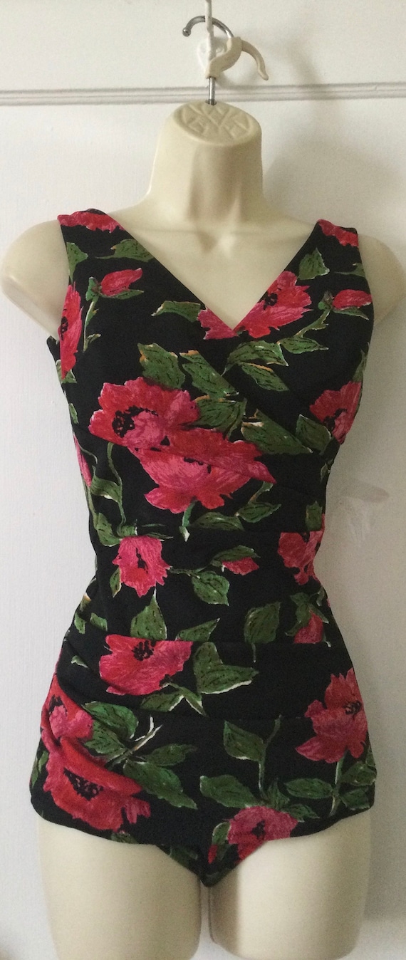 Floral Vintage MAIDENFORM Swimsuit - Black/Fuchsi… - image 2