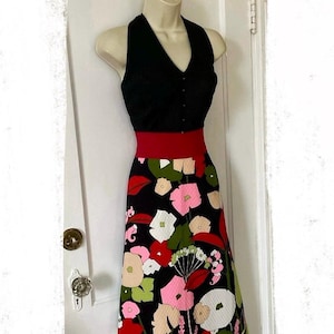 1960’s/1970’s Vintage Floral Maxi Halter Dress - Black/Multi-Color Floral Cotton 1960’s/1970’s Vintage Boho Halter Maxi Dress