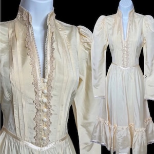Gunne Sax Cream Lace Trim Prairie Dress - Crochet Lace-Trim 1970’s Vintage Ruffled Long Sleeve Midi Prairie  Dress by GUNNE SAX