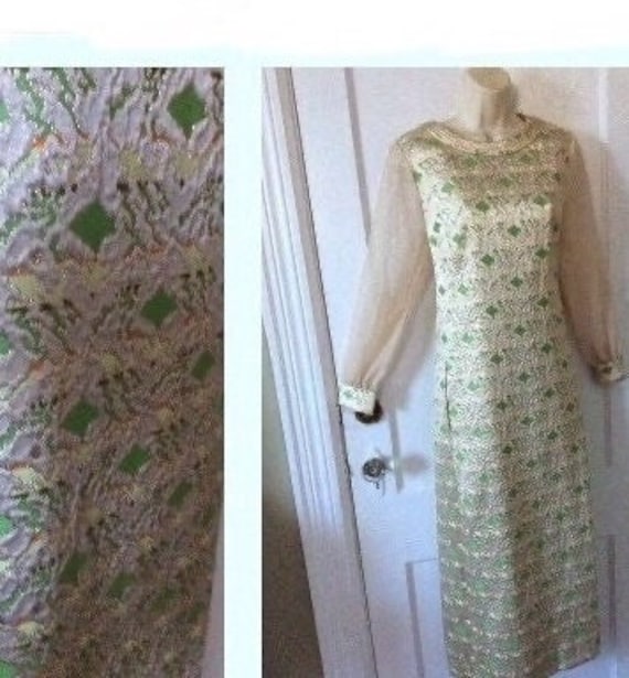 DYNASTY Brocade Vintage Maxi Dress - Green/Khaki/… - image 1