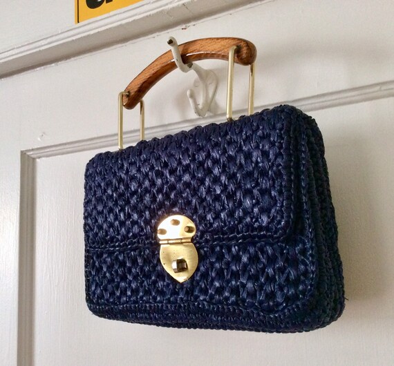 Blue Vintage Raffia Bag - Navy-Blue Woven Raffia S