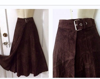 Suede Leather DIMITRI Studio Skirt - Dead-Stock Brown Suede Leather 1980 Vintage Dead-Stock Wrap Midi Skirt by DIMITRI Studio - Size 40 (EU)