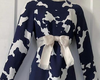1970s Evelyn Byrnes Silk Maxi Gown: Cow Print, Bow Trimmed Long Sleeve