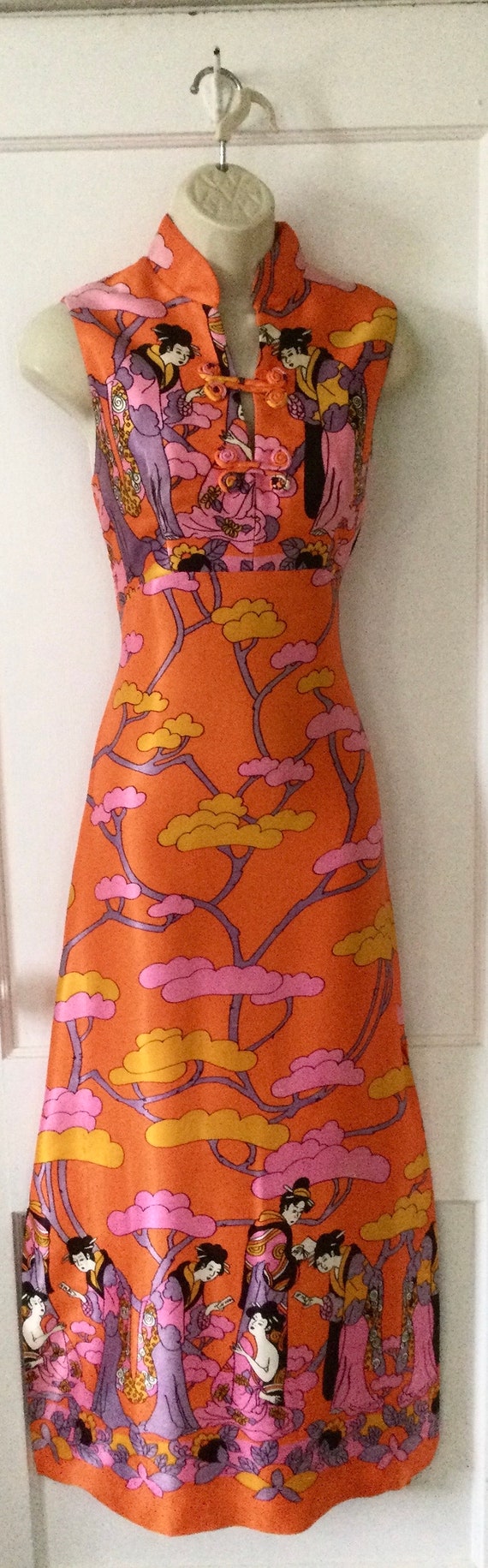 Geisha Ladies Print 1970’s Maxi Dress - Tangerine… - image 3