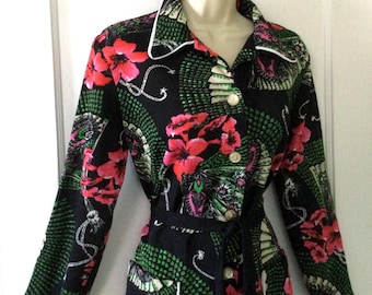 Vintage 1970’s Knit Shirt Dress - Black/Burnt Orange Fan/Floral Print 1970’s Vintage Long Sleeve Shirt-Dress by FLUTTERBYE