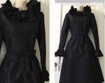 Kiki-Hart LBD Vintage 1960s Dress - Black Long Sleeve 1960’s Vintage Ruffled Neckline Fit and Flare Belted Dress by KIKI HART New York