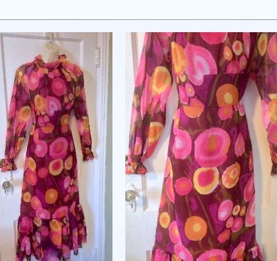 Pink Flower-Power Dress - Long Fuchsia/Violet 1960