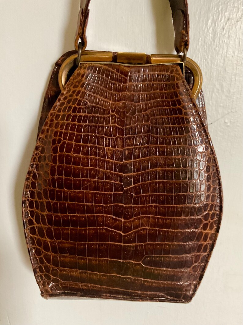Vintage 1950s Croc Leather Bag - UNIKEL'S Brass Frame Single Strap Handbag bild 5