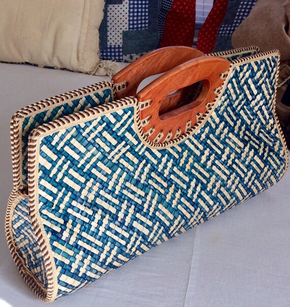 Vintage Woven Straw Wood Baguette Bag - Blue/Beige