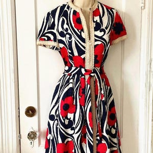 Red/Blue/White Short Sleeve Floral Belted 1960’s Vintage Maxi Dress - Blue/Red Flower/Swirl Print 1960’s Soutache Trim Cotton Maxi Dress