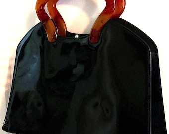 Black Patent Leather BOBBIE JEROME 1950’s Bag, Black Bobbie Jerome Double Faux Tortoise Shell Handle Patent Leather 1950’s Vintage Bag